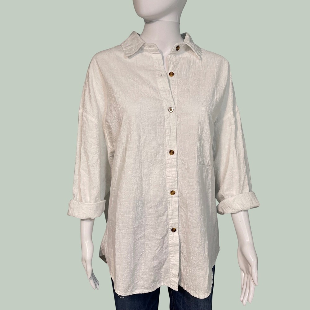 Fashion White Cotton Linen Button Front Shirt Women Textured Oversized Blouse